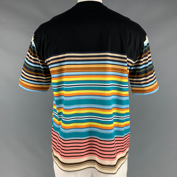 PRADA Size XL Black Multi-Color Stripe Cotton Crew-Neck T-shirt