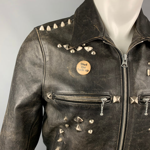R13 Size M Black Distressed Studded Leather Zip Up Shut The Fuck Up Jacket
