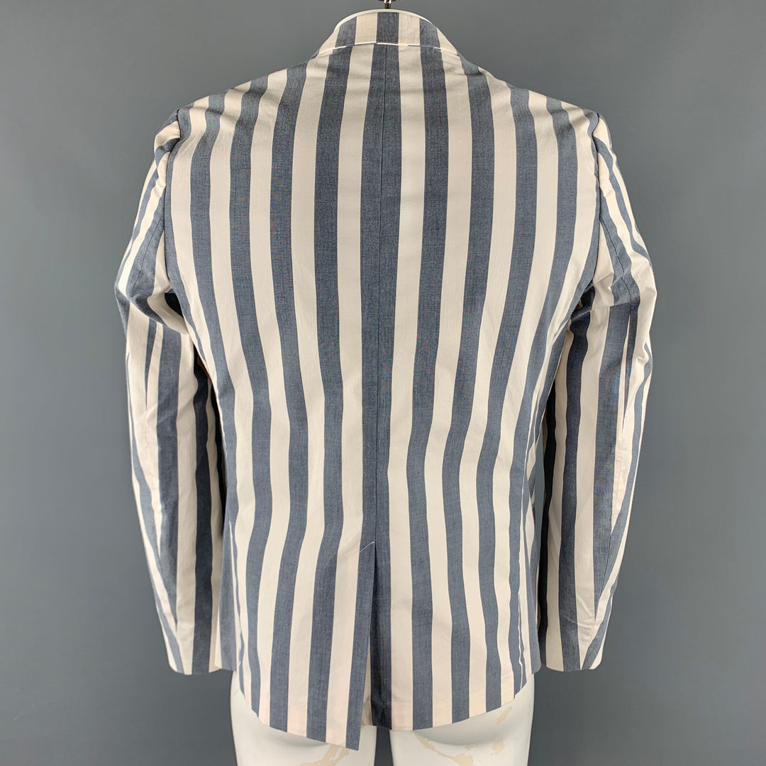 HENTSCH MAN Chest Size 40 Blue & White Vertical Stripe Cotton Blend Double Buttoned Sport Coat
