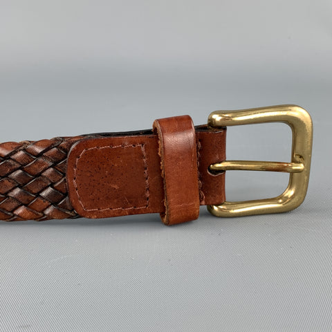 VINTAGE Sz 36 Ceinture à boucle en laiton doré en cuir marron tissé