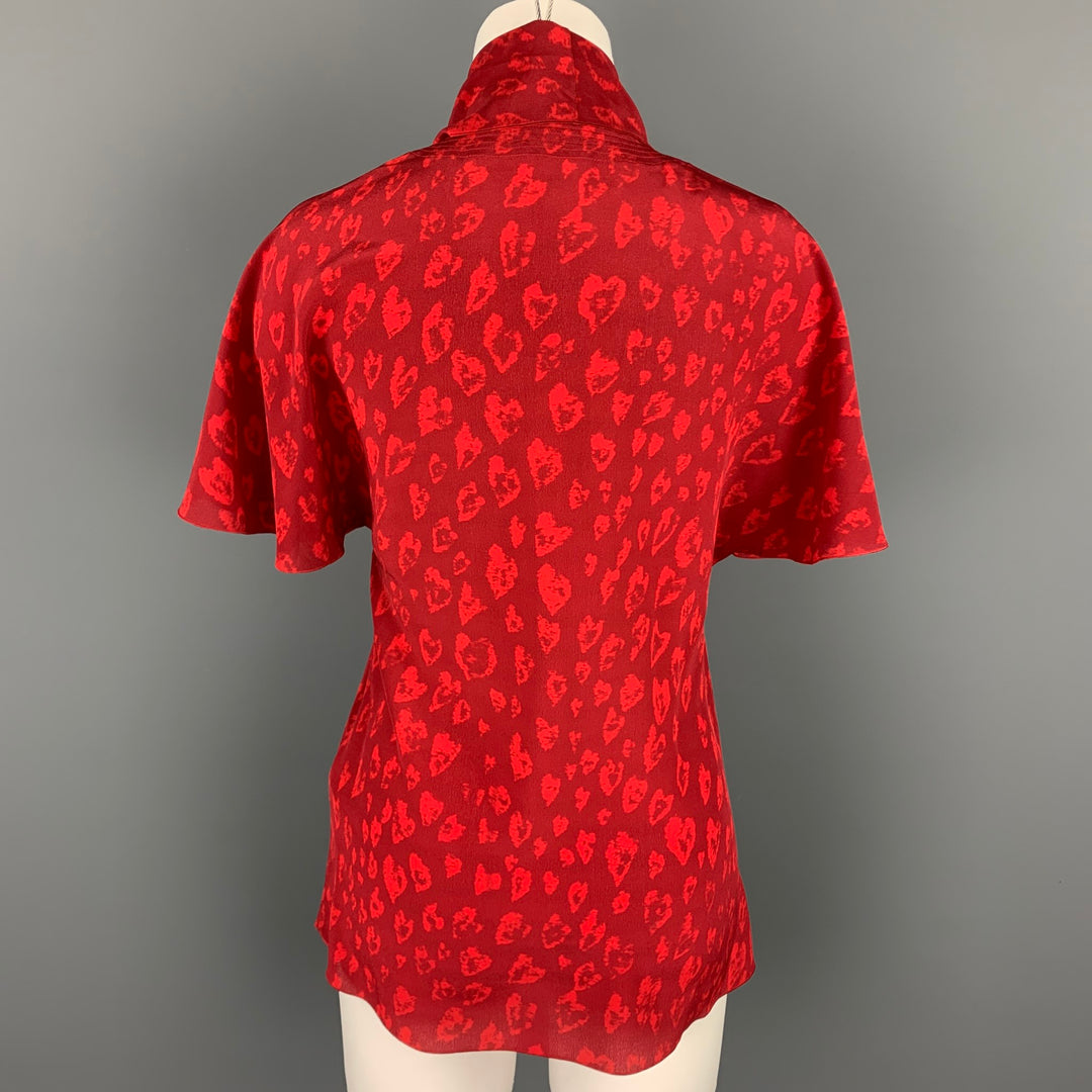 TOMAS MAIER Size 4 Burgundy & Red Print Silk Self Tie Blouse