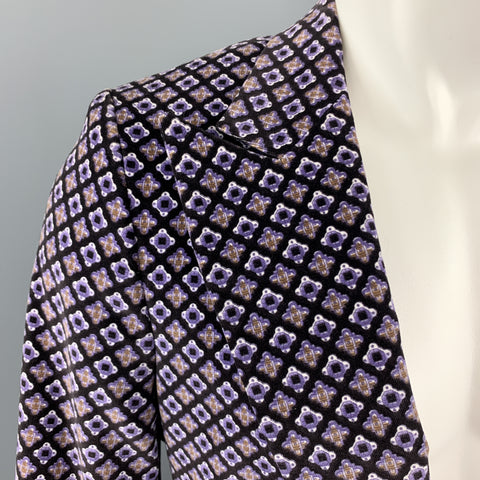 MICHAEL KORS Size 40 Purple & Black Print Cotton Velvet Peak Lapel Sport Coat