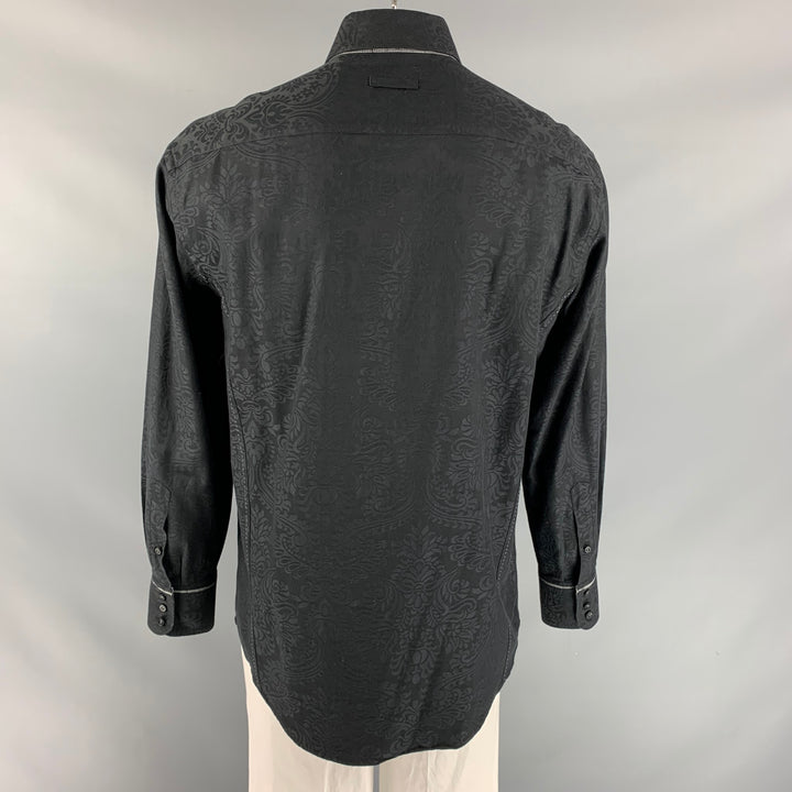 BRANDOLINI Size XL Black Print Cotton Button Up Long Sleeve Shirt