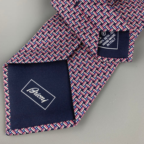 BRIONI Navy & Pink Print Silk Tie