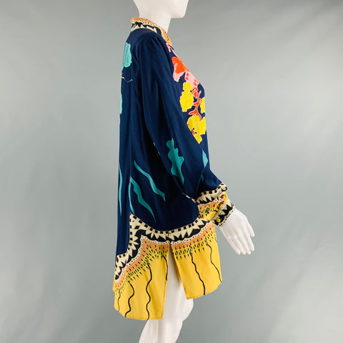 ETRO Size 8 Navy Multi-Color Silk Floral Long Dress Top