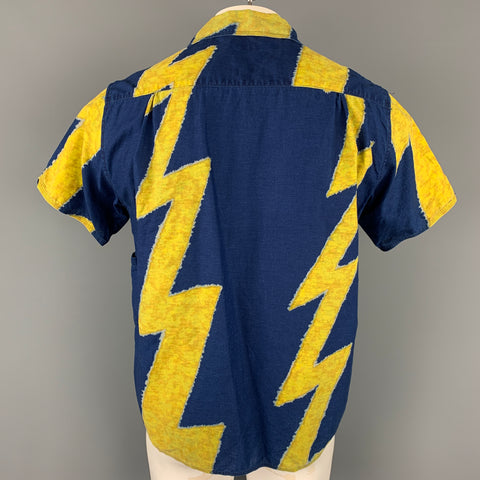 KAPITAL Size L Navy & Yellow Print Cotton / Linen Button Up Short Sleeve Shirt