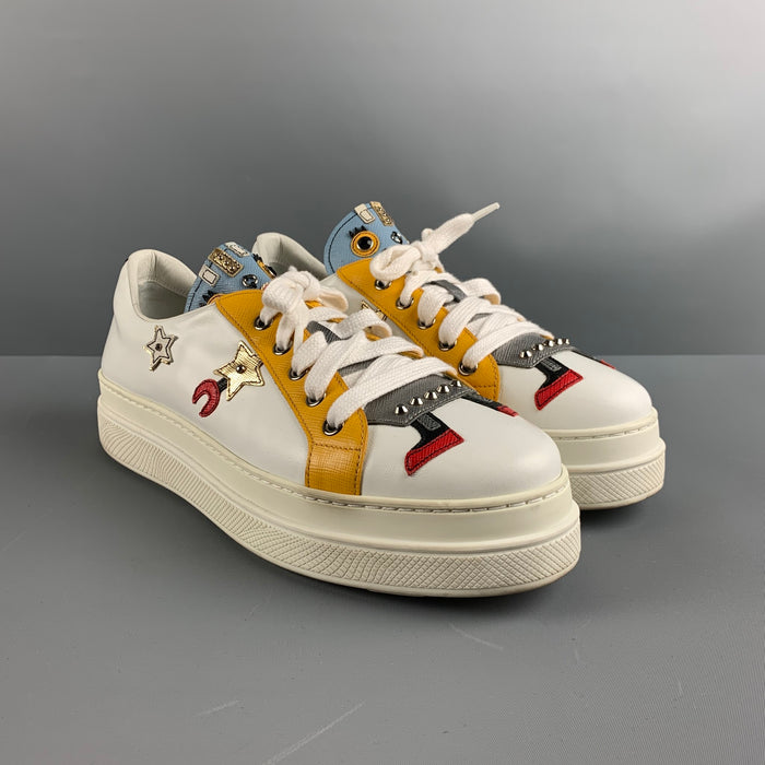PRADA Size 10 White Multi-Color Leather Aplique Low Top Sneakers