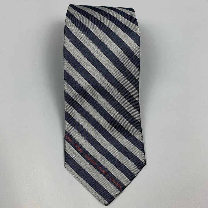 CHANEL Navy & Grey Stripe Silk Tie