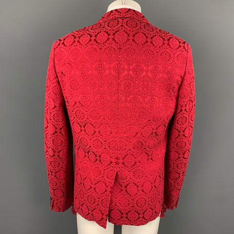 COMME des GARCONS HOMME PLUS Size XL Red Jacquard Cotton Blend Notch Lapel Jacket