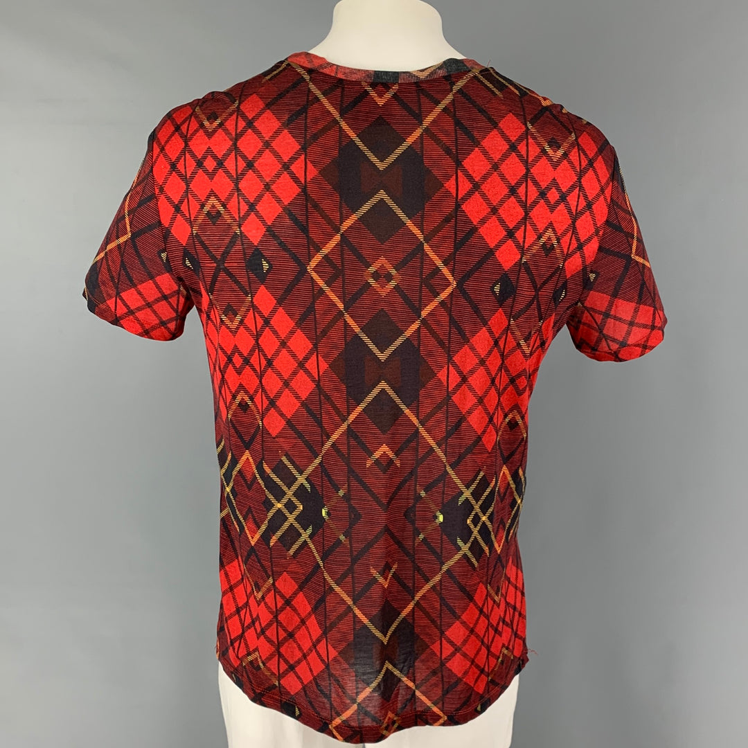 MCQ by ALEXANDER MCQUEEN Size L Red Black Plaid Lyocell Crew-Neck T-shirt