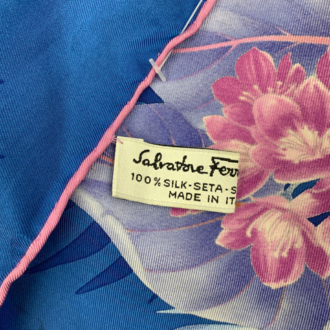 SALVATORE FERRAGAMO Blue & Lavender Print Silk Large Scarf