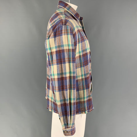 JOHN ELLIOTT Size L Multi-Color Plaid Brushed Cotton Cropped Long Sleeve Shirt