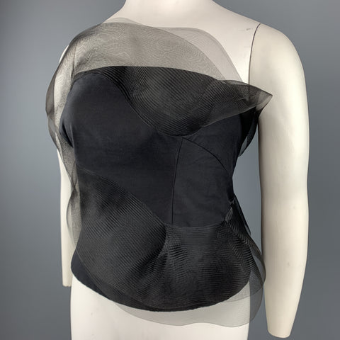 AKRIS Size 12 Black Cotton / Silk Strapless Mesh Ruffle Bustier Top