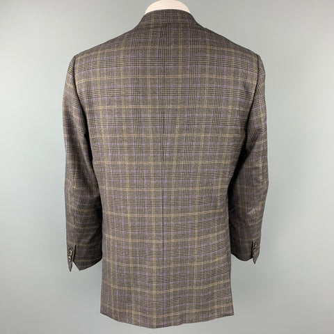 ISAIA Size 46 Charcoal & Purple Plaid Wool / Cashmere Notch Lapel Sport Coat