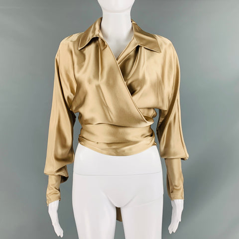 RALPH LAUREN Size 10 Champagne Silk Solid Wrap Around Blouse