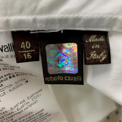 ROBERTO CAVALLI Size M White Studded Cotton Elastane Long Sleeve Shirt