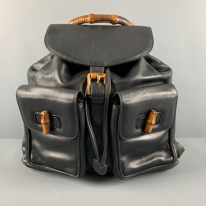 GUCCI Black Leather Bamboo Backpack Handbag