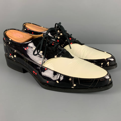 JOHN FLUEVOG Size 8 Black White Floral Patent Leather Lace Up Shoes