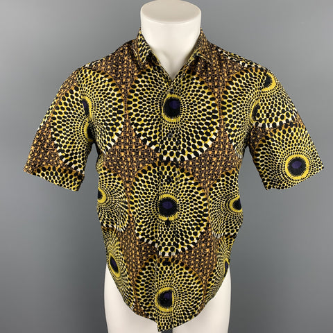 BURBERRY PRORSUM Spring 2012 Size S Yellow & Black Print Cotton Button Up Short Sleeve Shirt