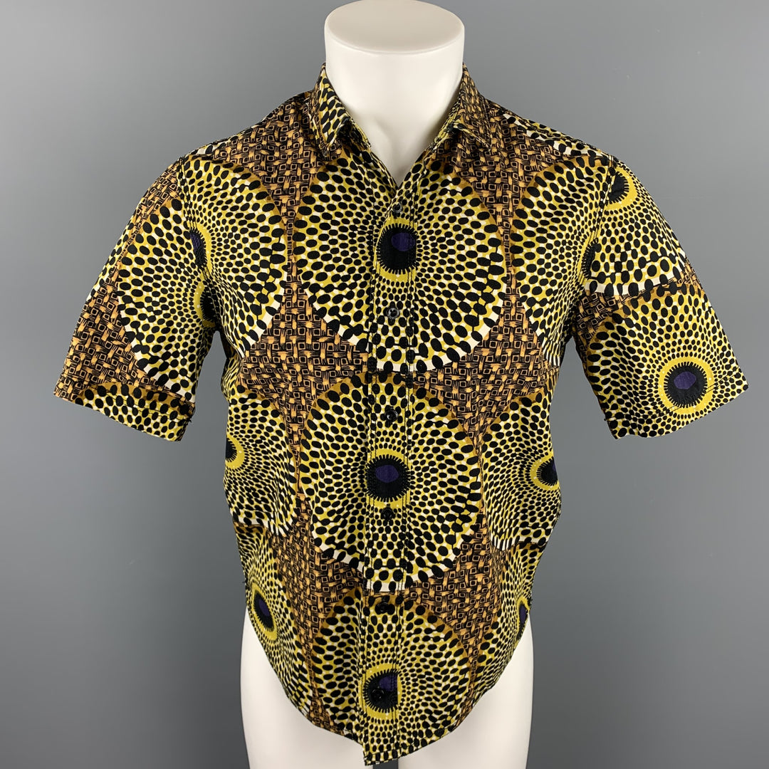 BURBERRY PRORSUM Size S Yellow & Black Print Cotton Button Up Short Sleeve Shirt