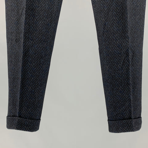 ETRO Size 34 Black Navy Herringbone Wool Blend Zip Fly Dress Pants