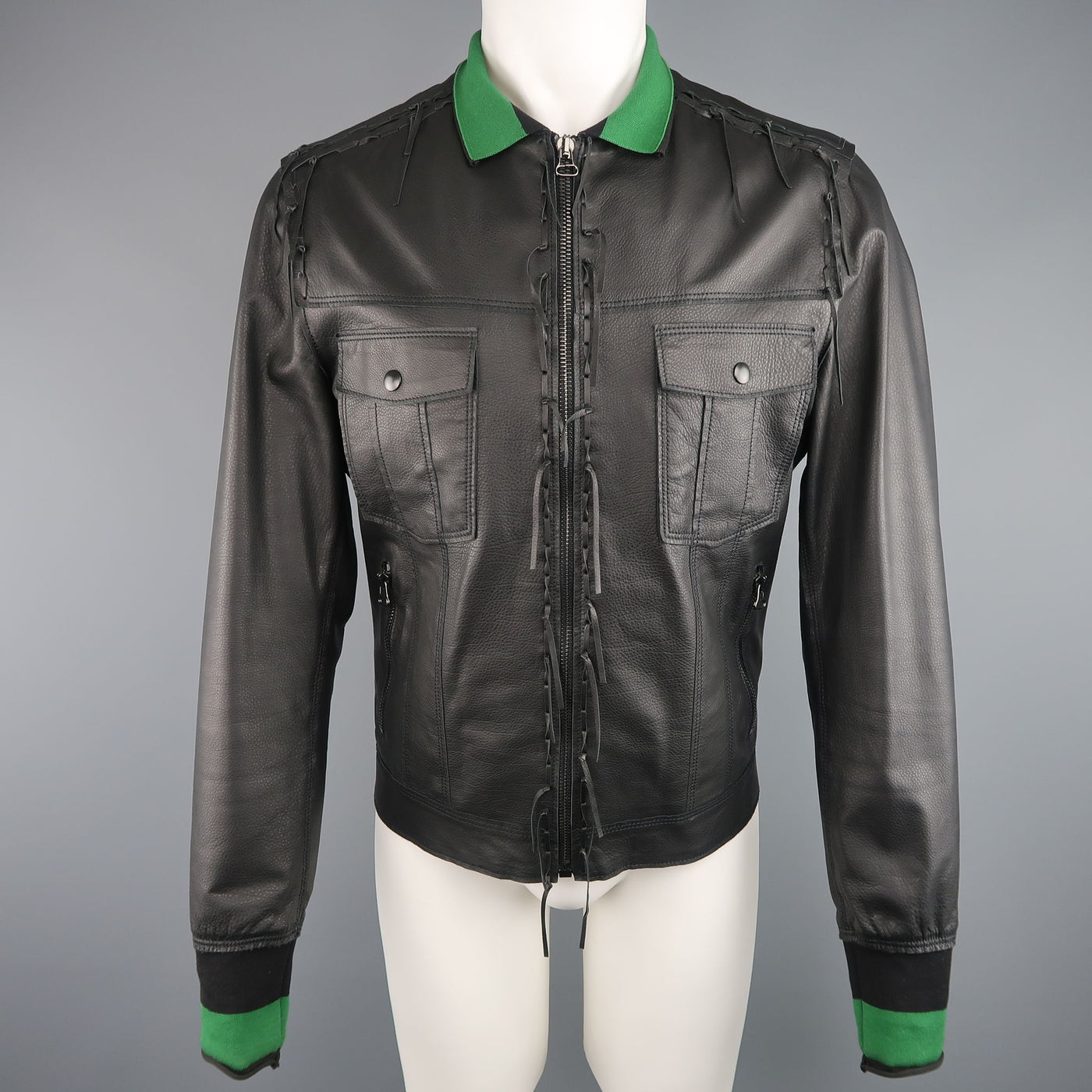LANVIN US 42 / IT 52 Black Leather Fringe Trim Green Collar Bomber Jacket