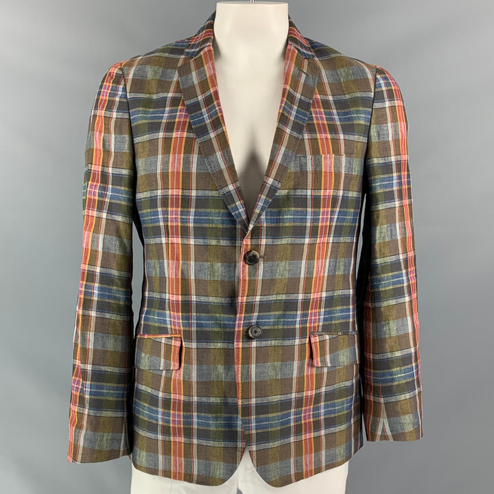 ETRO Chest Size 44 Regular Multi-Color Plaid Linen &  Cotton Sport Coat