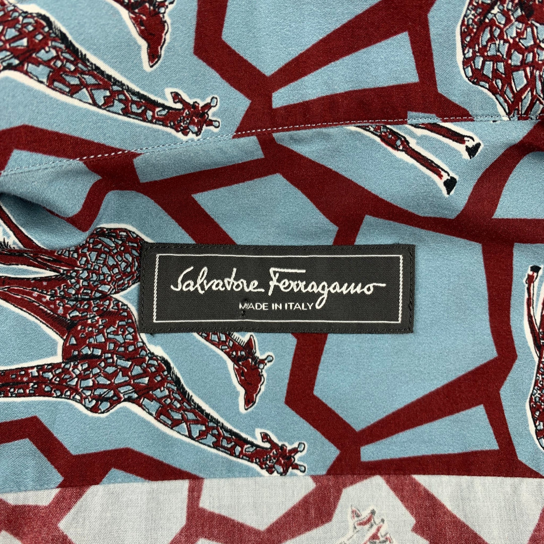 SALVATORE FERRAGAMO Size L Blue & Burgundy Giraffe Print Cotton Long Sleeve Shirt