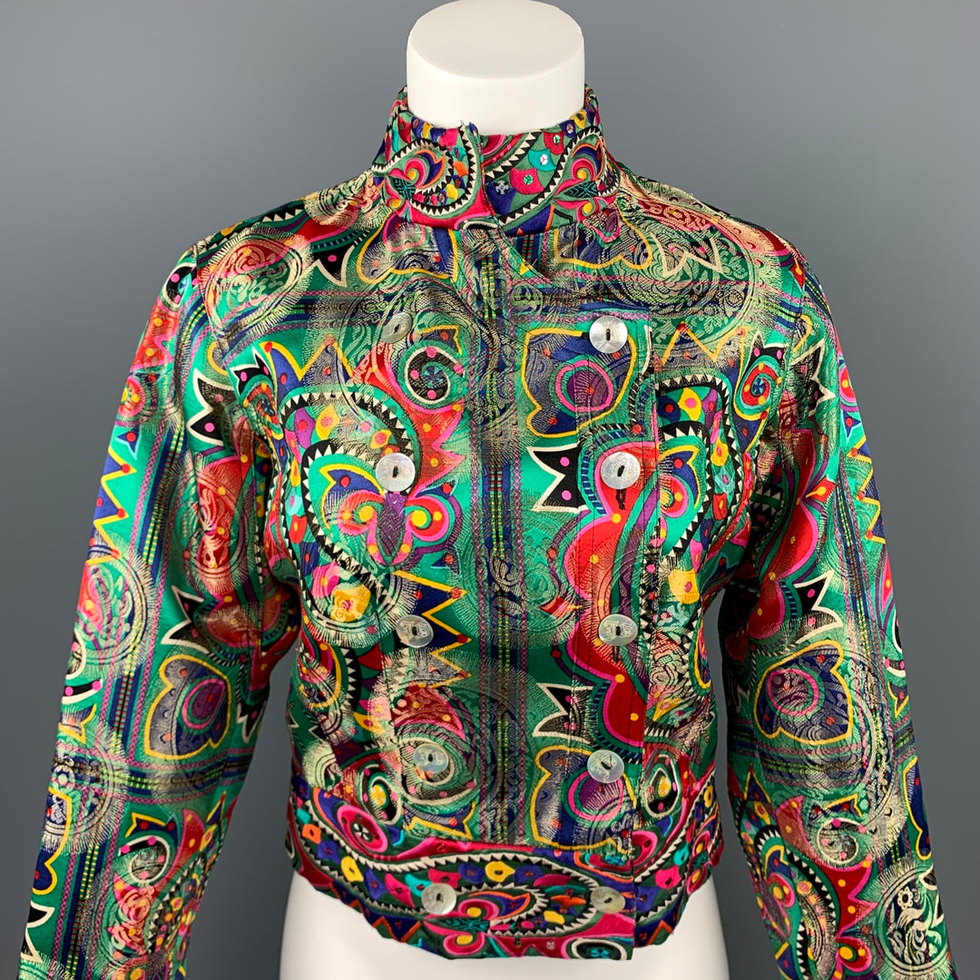 JOHN GALLIANO Size 4 Multi-Color Embroidered Abstract Silk Blend Double Breasted Jacket