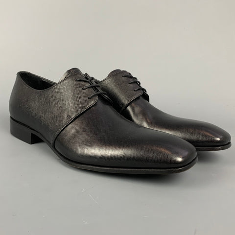 PRADA Size 7 Black Textured Leather Lace Up Shoes