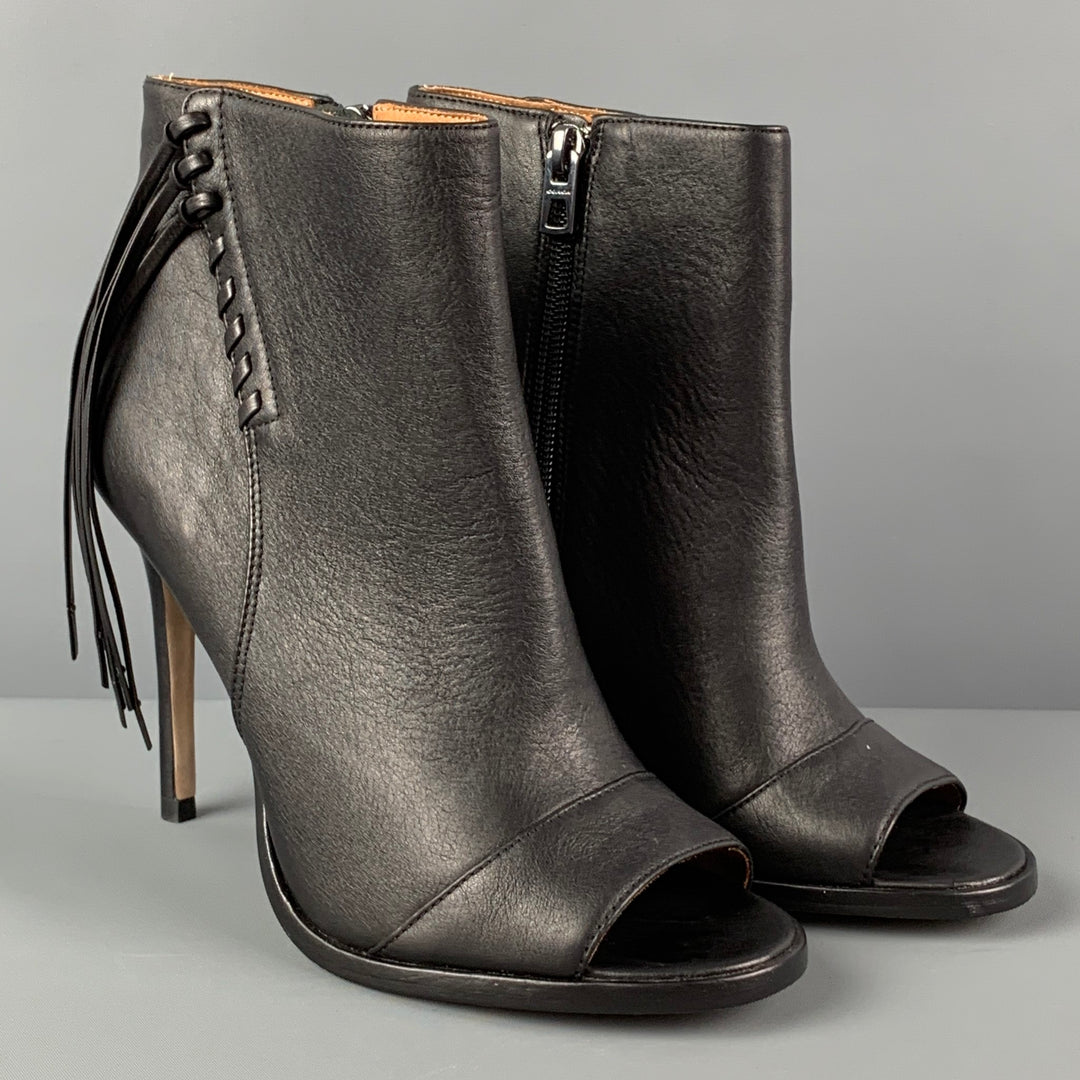 COACH Size 7 Black Leather Fringe Peep Toe Boots