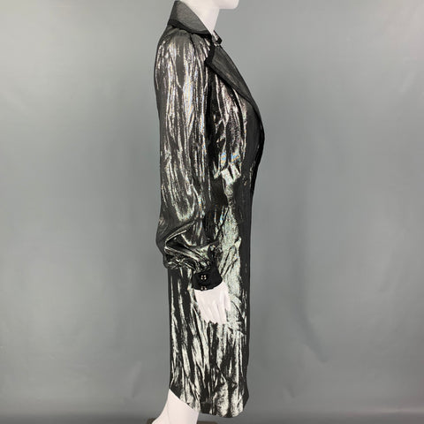 BILL BLASS Taille 2 Manteau à double boutonnage en soie métallisée noir argenté
