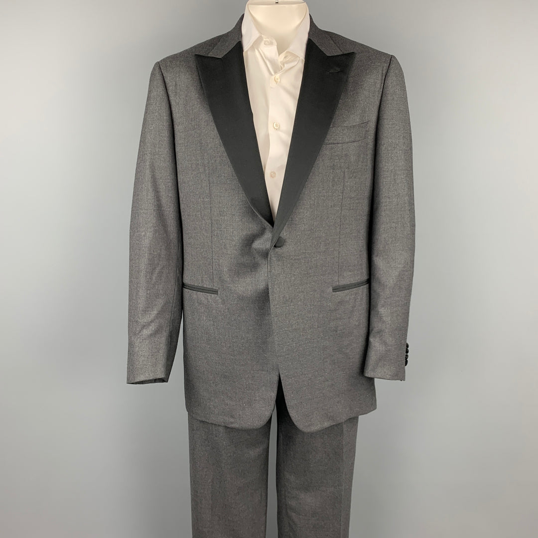 ISAIA Traje de esmoquin con solapa de pico de lana y seda de dos tonos color carbón y negro talla larga 48