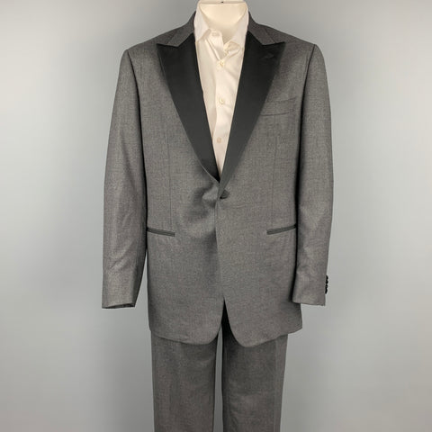 ISAIA Long Size 48 Charcoal & Black Two Toned Wool / Silk Peak Lapel Tuxedo Suit