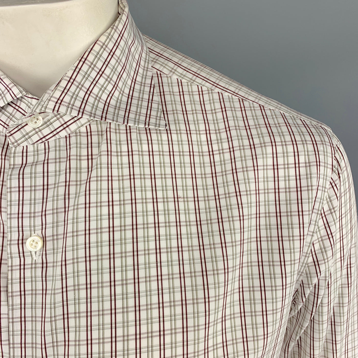 ISAIA Size XL Plaid White & Brown Cotton Button Up Long Sleeve Shirt