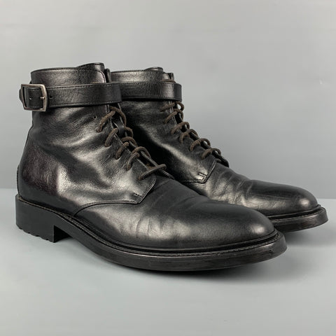 SAINT LAURENT Size 10.5 Black Leather Ankle Strap Boots