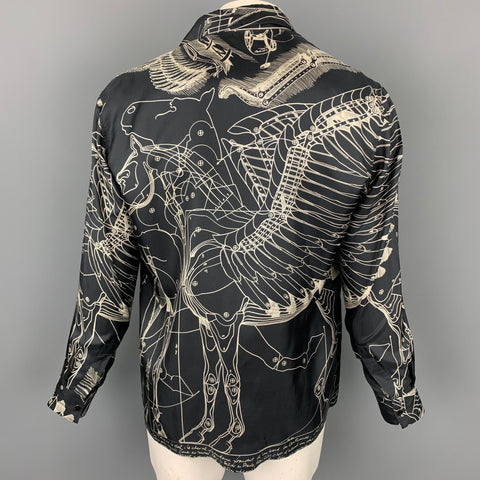 HERMES Le Pegase d'Hermes by Christian Renonciat Size L Black & Beige Print Silk Button Up Long Sleeve Shirt