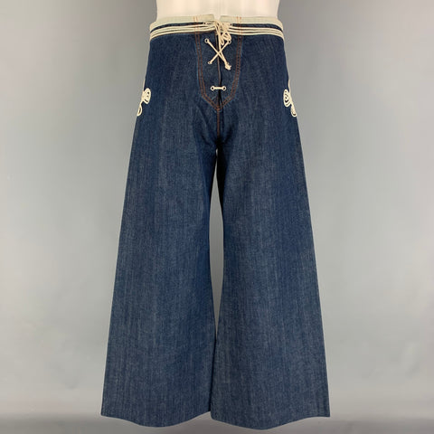JEAN PAUL GAULTIER Jeans Size 32 Blue White Embroidery Cotton Nautical Wide Leg Jeans