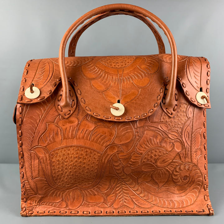VINTAGE Tan Floral Antique Leather Carry-On Bag