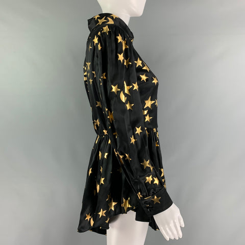 GUCCI Size 2 Black Gold Silk Stars Blouse