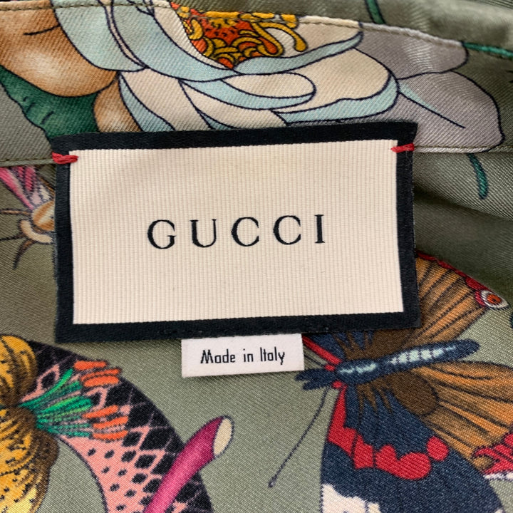 GUCCI Talla XXL Camisa de manga corta Campamento de seda con estampado multicolor verde