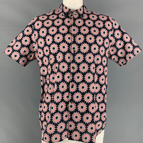 TED BAKER Size XXL Navy & Rose Print Cotton Button Up Short Sleeve Shirt