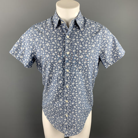 J CREW Size S Indigo Floral Cotton Button Up Short Sleeve Shirt