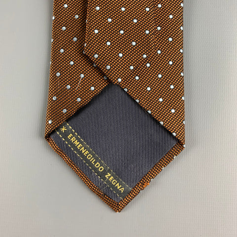 ERMENEGILDO ZEGNA Brown White Polka Dot Silk Tie