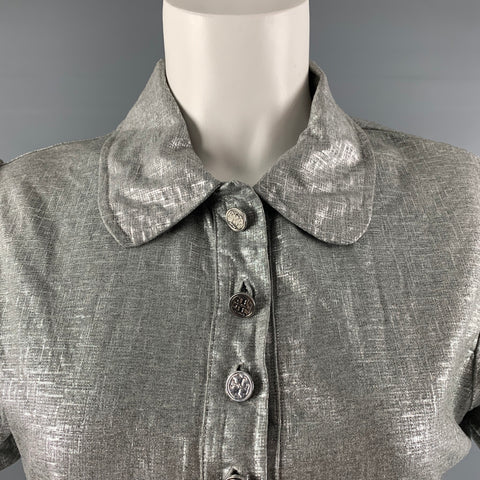 TORY BURCH Size L Silver Cotton Metallic Short Sleeve Casual Top