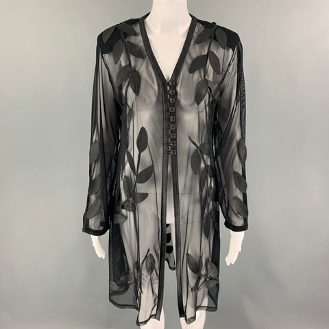 VINTAGE Taille S Maille Noire Voir à travers le cardigan en cuir