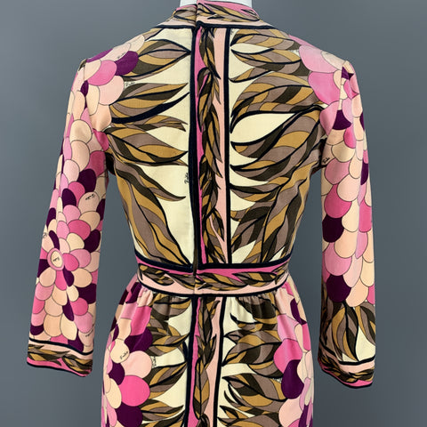 EMILIO PUCCI Vintage Size 10 Pink Print Velvet A Line Long Sleeve Dress