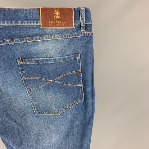 BRUNELLO CUCINELLI Size 34 Blue Washed Cotton Button Fly Jeans