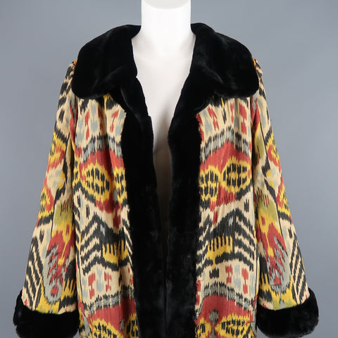 OSCAR DE LA RENTA Size L Ikat Silk & Embroidered Mink Reversible Opera Coat
