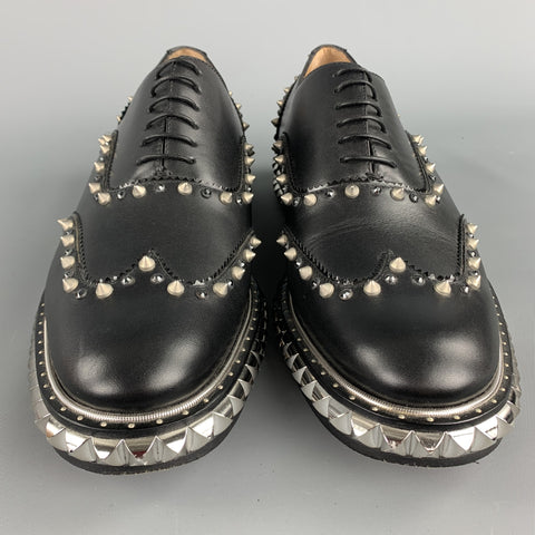 CHRISTIAN LOUBOUTIN Size 10.5 Black Studded Leather Wingtip Lace Up Shoes